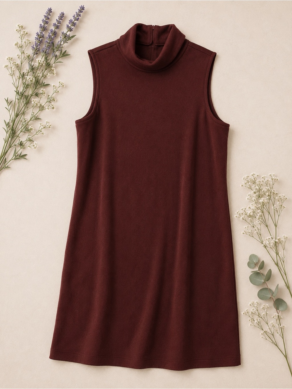 Lou & Grey Burgundy Sleeveless Turtleneck Dress | Soft Knit | Minimal Luxe